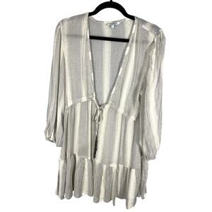 Blue Island, Size Large, White & Gray Beach Coverup, Boho, Beaded Tassel, EUC